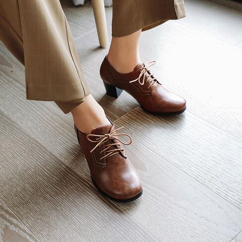 SHEMEE Women's Chunky Mid Heels Oxfords Vintage Round Square Toe Block Heeled Brogues Lace Up Work Offic Dress Shoes Size 10,Brown in Saudi Arabia