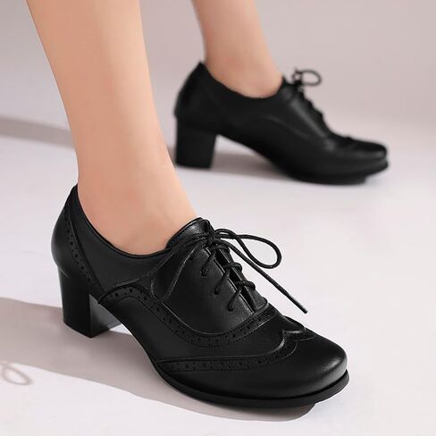 Women's Oxford Block Heel Shoes Wingtip Lace-Up Dress Pumps Classic Brogue,Black,US9.5 in Saudi Arabia
