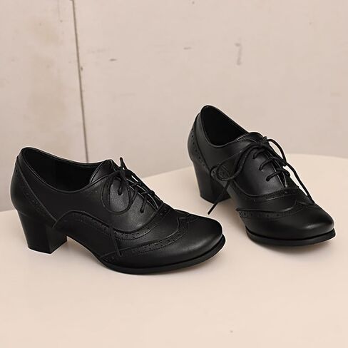 Women's Oxford Block Heel Shoes Wingtip Lace-Up Dress Pumps Classic Brogue,Black,US9.5 in Saudi Arabia