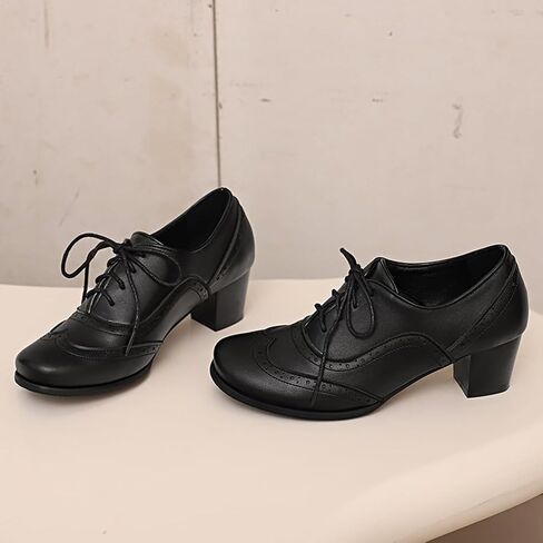 Women's Oxford Block Heel Shoes Wingtip Lace-Up Dress Pumps Classic Brogue,Black,US9.5 in Saudi Arabia