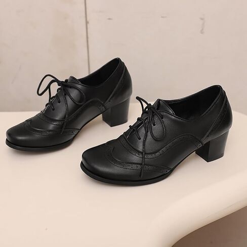 Women's Oxford Block Heel Shoes Wingtip Lace-Up Dress Pumps Classic Brogue,Black,US9.5 in Saudi Arabia