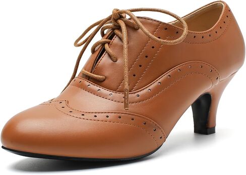 Women's Vintage Oxford Pumps - Round Toe Lace Up Wingtip Brogues with Stable Low Kitten Heel, Retro Victorian Dress Shoes for Work Office, Party, 1950s Cosplay in Saudi Arabia