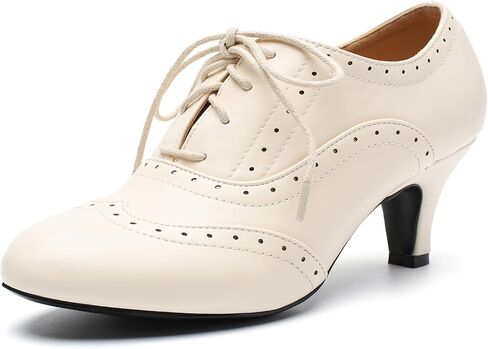 Women's Vintage Oxford Pumps - Round Toe Lace Up Wingtip Brogues with Stable Low Kitten Heel, Retro Victorian Dress Shoes for Work Office, Party, 1950s Cosplay in Saudi Arabia