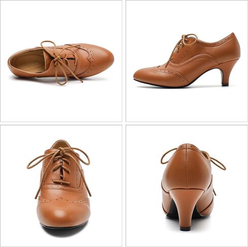 Women's Vintage Oxford Pumps - Round Toe Lace Up Wingtip Brogues with Stable Low Kitten Heel, Retro Victorian Dress Shoes for Work Office, Party, 1950s Cosplay in Saudi Arabia