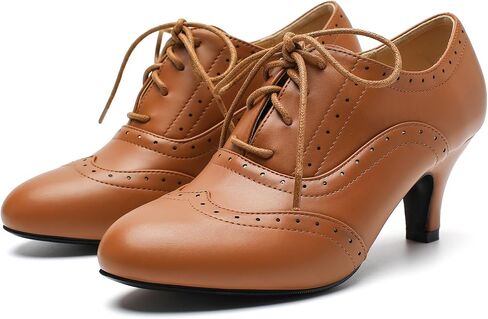 Women's Vintage Oxford Pumps - Round Toe Lace Up Wingtip Brogues with Stable Low Kitten Heel, Retro Victorian Dress Shoes for Work Office, Party, 1950s Cosplay in Saudi Arabia
