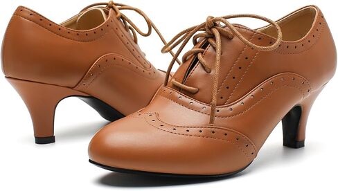 Women's Vintage Oxford Pumps - Round Toe Lace Up Wingtip Brogues with Stable Low Kitten Heel, Retro Victorian Dress Shoes for Work Office, Party, 1950s Cosplay in Saudi Arabia