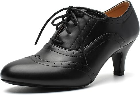 Women's Vintage Oxford Pumps - Round Toe Lace Up Wingtip Brogues with Stable Low Kitten Heel, Retro Victorian Dress Shoes for Work Office, Party, 1950s Cosplay in Saudi Arabia