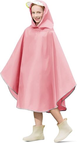 Haloumoning Kids Hooded Rain Poncho Girls Waterproof Lightweight Reusable Raincoat Jacket 4-14 Years in Kuwait