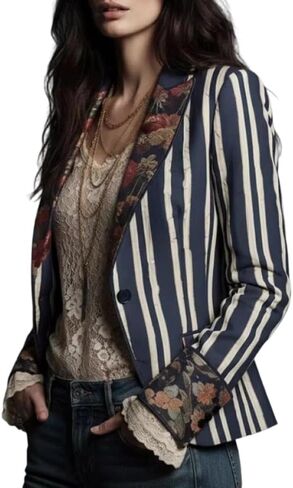 Women's Stand Collar Blazer - Bohemian Striped & Floral Print Casual Outerwear (Edgy Daily & Streetwear) in Kuwait