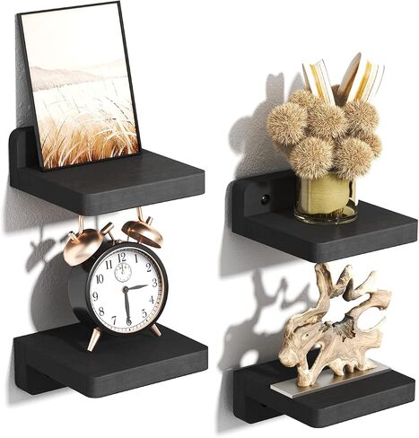 SRIWATANA Small Floating Shelves Wall Mounted, Wood Shelf for Decoration and Storage Set of 4, Mini Display Shelf for Bedroom, Bathroom, Kitchen, Office (Black, 4 inch) in Kuwait