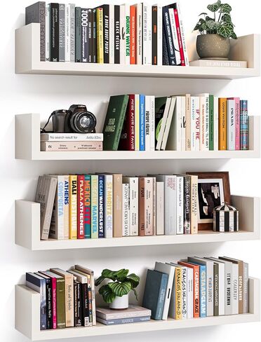 أرفف كتب عائمة للجدار - مجموعة أرفف كتب مثبتة على الحائط مكونة من 4، رف كتب معلق على شكل حرف U لغرفة النوم وغرفة المعيشة والمكتب، رف كتب حائطي لديكور المنزل والتخزين (4، أبيض، 17 بوصة) in Kuwait