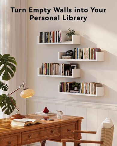 أرفف كتب عائمة للجدار - مجموعة أرفف كتب مثبتة على الحائط مكونة من 4، رف كتب معلق على شكل حرف U لغرفة النوم وغرفة المعيشة والمكتب، رف كتب حائطي لديكور المنزل والتخزين (4، أبيض، 17 بوصة) in Kuwait