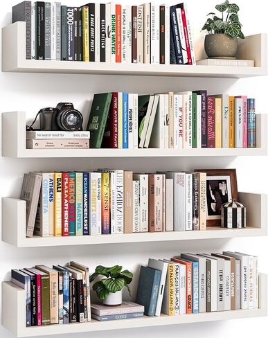 أرفف كتب عائمة للجدار - مجموعة أرفف كتب مثبتة على الحائط مكونة من 4، رف كتب معلق على شكل حرف U لغرفة النوم وغرفة المعيشة والمكتب، رف كتب حائطي لديكور المنزل والتخزين (4، أبيض، 17 بوصة) in Kuwait