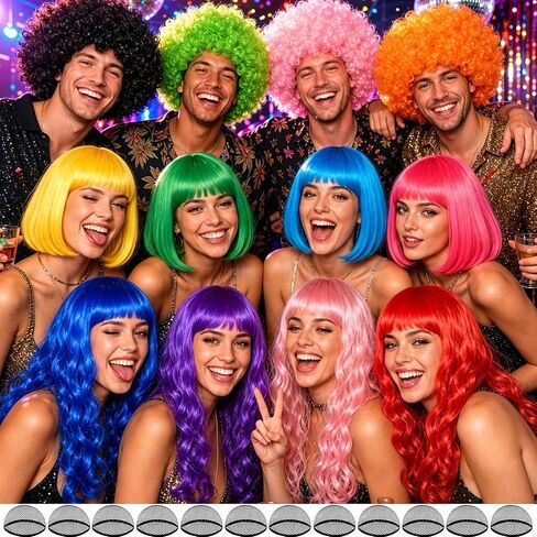 MEEZY 24 Pcs Colored Wigs with Hair Net Bulk for Women Men, Neon Fun Bob Fluffy Afro Wig Long Wavy Curly Hair with Bangs for Funny Bachelorette Disco Party Cosplay Costume Night Clubs Music Festival in Saudi Arabia