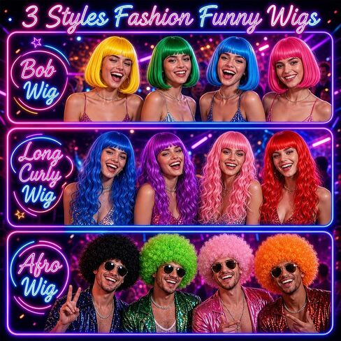 MEEZY 24 Pcs Colored Wigs with Hair Net Bulk for Women Men, Neon Fun Bob Fluffy Afro Wig Long Wavy Curly Hair with Bangs for Funny Bachelorette Disco Party Cosplay Costume Night Clubs Music Festival in Saudi Arabia