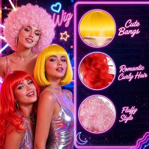 MEEZY 24 Pcs Colored Wigs with Hair Net Bulk for Women Men, Neon Fun Bob Fluffy Afro Wig Long Wavy Curly Hair with Bangs for Funny Bachelorette Disco Party Cosplay Costume Night Clubs Music Festival in Saudi Arabia