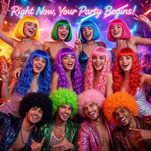 MEEZY 24 Pcs Colored Wigs with Hair Net Bulk for Women Men, Neon Fun Bob Fluffy Afro Wig Long Wavy Curly Hair with Bangs for Funny Bachelorette Disco Party Cosplay Costume Night Clubs Music Festival in Saudi Arabia