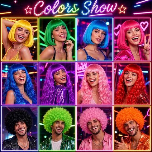MEEZY 24 Pcs Colored Wigs with Hair Net Bulk for Women Men, Neon Fun Bob Fluffy Afro Wig Long Wavy Curly Hair with Bangs for Funny Bachelorette Disco Party Cosplay Costume Night Clubs Music Festival in Saudi Arabia