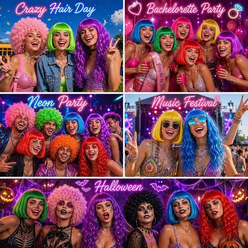 MEEZY 24 Pcs Colored Wigs with Hair Net Bulk for Women Men, Neon Fun Bob Fluffy Afro Wig Long Wavy Curly Hair with Bangs for Funny Bachelorette Disco Party Cosplay Costume Night Clubs Music Festival in Saudi Arabia