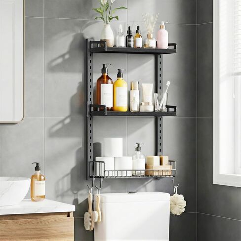 Kalrin 3 Tier Bathroom Shelves Over Toilet - Wall Mounted Floating Shelves with Drain Basket, Toilet Paper Storage, Height Adjustable Over The Toilet Storage, Vintage Brown in Saudi Arabia