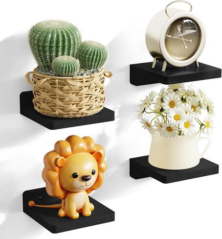 SRIWATANA Small Floating Shelves Wall Mounted, Wood Shelf for Decoration and Storage Set of 4, Mini Display Shelf for Bedroom, Bathroom, Kitchen, Office (Black, 4 inch) in Kuwait