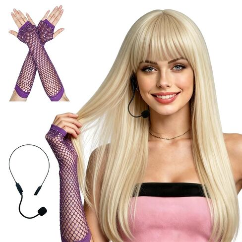 22 Inch Blonde Pop Star Wig with Bangs Costume Set - Y2K Country Singer Cosplay Outfit with Purple Rhinestone Fishnet Gloves & Fake Microphone - 2000s Icon Double Life Party Accessories for Women in Saudi Arabia