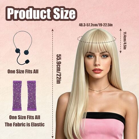 22 Inch Blonde Pop Star Wig with Bangs Costume Set - Y2K Country Singer Cosplay Outfit with Purple Rhinestone Fishnet Gloves & Fake Microphone - 2000s Icon Double Life Party Accessories for Women in Saudi Arabia