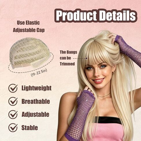 22 Inch Blonde Pop Star Wig with Bangs Costume Set - Y2K Country Singer Cosplay Outfit with Purple Rhinestone Fishnet Gloves & Fake Microphone - 2000s Icon Double Life Party Accessories for Women in Saudi Arabia