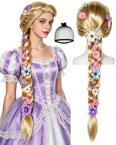 Long Blonde Braided Wigs with Flowers Ponytail Wig Princess Wigs | 80cm/32Inch Long Blonde Braids Wig for Cosplay for Halloween Party Christmas Birthday Outfit +Hairnet in Saudi Arabia