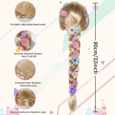 Long Blonde Braided Wigs with Flowers Ponytail Wig Princess Wigs | 80cm/32Inch Long Blonde Braids Wig for Cosplay for Halloween Party Christmas Birthday Outfit +Hairnet in Saudi Arabia