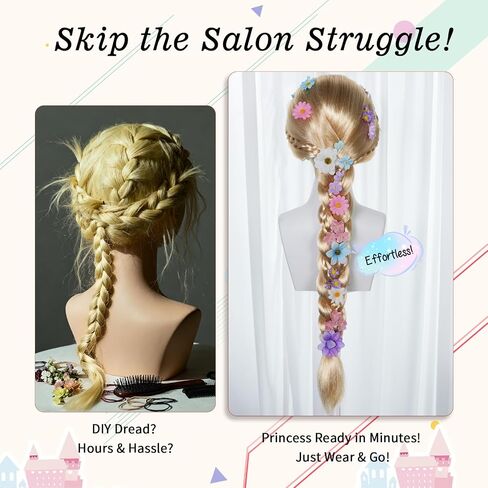 Long Blonde Braided Wigs with Flowers Ponytail Wig Princess Wigs | 80cm/32Inch Long Blonde Braids Wig for Cosplay for Halloween Party Christmas Birthday Outfit +Hairnet in Saudi Arabia