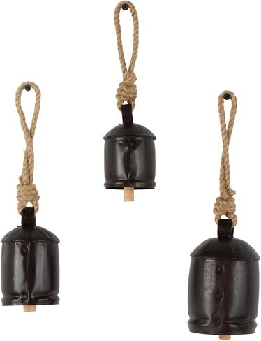 Deco 79 Metal Indoor Outdoor Decorative Cow Bells Tibetan Inspired Meditation Bell with Jute Hanging Rope, Set of 3 Cow Bell 5", 5", 4" H, Black in Kuwait