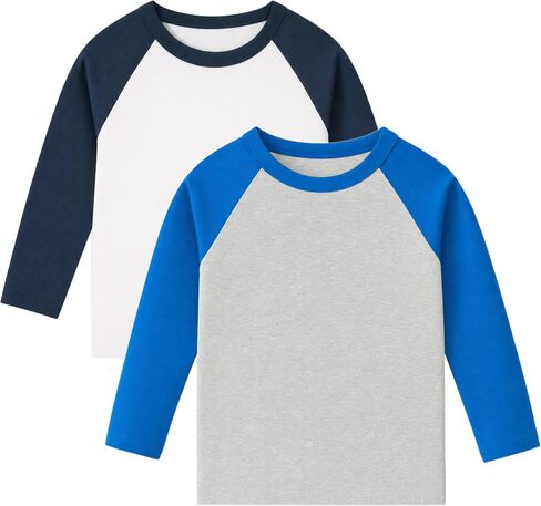 Wenlia Boys 2-Pack Cotton Shirts Long Sleeve Athletic Tees Raglan Moisture Wicking T-Shirts Colorblock Activewear Tops 2-9Y in Saudi Arabia