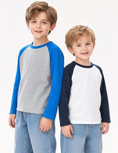 Wenlia Boys 2-Pack Cotton Shirts Long Sleeve Athletic Tees Raglan Moisture Wicking T-Shirts Colorblock Activewear Tops 2-9Y in Saudi Arabia