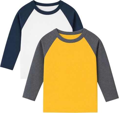 Wenlia Boys 2-Pack Cotton Shirts Long Sleeve Athletic Tees Raglan Moisture Wicking T-Shirts Colorblock Activewear Tops 2-9Y in Saudi Arabia