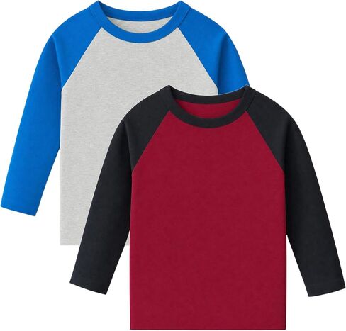 Wenlia Boys 2-Pack Cotton Shirts Long Sleeve Athletic Tees Raglan Moisture Wicking T-Shirts Colorblock Activewear Tops 2-9Y in Saudi Arabia