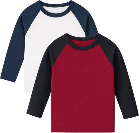 Wenlia Boys 2-Pack Cotton Shirts Long Sleeve Athletic Tees Raglan Moisture Wicking T-Shirts Colorblock Activewear Tops 2-9Y in Saudi Arabia