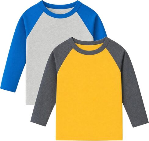 Wenlia Boys 2-Pack Cotton Shirts Long Sleeve Athletic Tees Raglan Moisture Wicking T-Shirts Colorblock Activewear Tops 2-9Y in Saudi Arabia