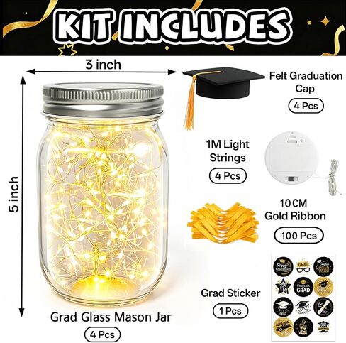 4 Sets 2026 Graduation Centerpieces for Tables, Light Up Glass Mason Jars Centerpieces with Lids Cap Sticker for Graduation Decorations, Grad Jar Gifts for Class School Congrats Grad Party Favors in Saudi Arabia