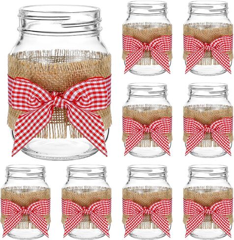 9 Sets 12 Pcs Picnic Party Centerpieces for Table Mason Jar Table Centerpieces with Red and White Gingham Ribbon Burlap for Picnic Pizza Farmhouse Wedding Birthday Party BBQ Baby Shower Decor in Kuwait