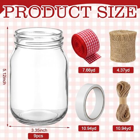 9 Sets 12 Pcs Picnic Party Centerpieces for Table Mason Jar Table Centerpieces with Red and White Gingham Ribbon Burlap for Picnic Pizza Farmhouse Wedding Birthday Party BBQ Baby Shower Decor in Kuwait