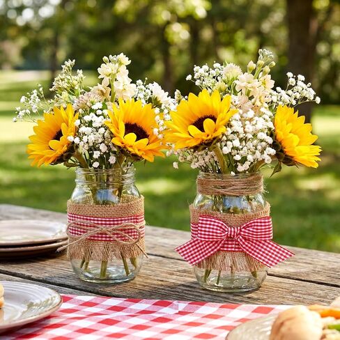 9 Sets 12 Pcs Picnic Party Centerpieces for Table Mason Jar Table Centerpieces with Red and White Gingham Ribbon Burlap for Picnic Pizza Farmhouse Wedding Birthday Party BBQ Baby Shower Decor in Kuwait