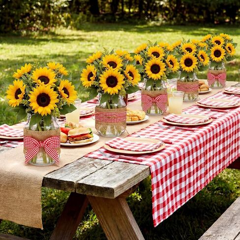 9 Sets 12 Pcs Picnic Party Centerpieces for Table Mason Jar Table Centerpieces with Red and White Gingham Ribbon Burlap for Picnic Pizza Farmhouse Wedding Birthday Party BBQ Baby Shower Decor in Kuwait