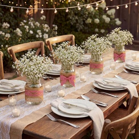 9 Sets 12 Pcs Picnic Party Centerpieces for Table Mason Jar Table Centerpieces with Red and White Gingham Ribbon Burlap for Picnic Pizza Farmhouse Wedding Birthday Party BBQ Baby Shower Decor in Kuwait