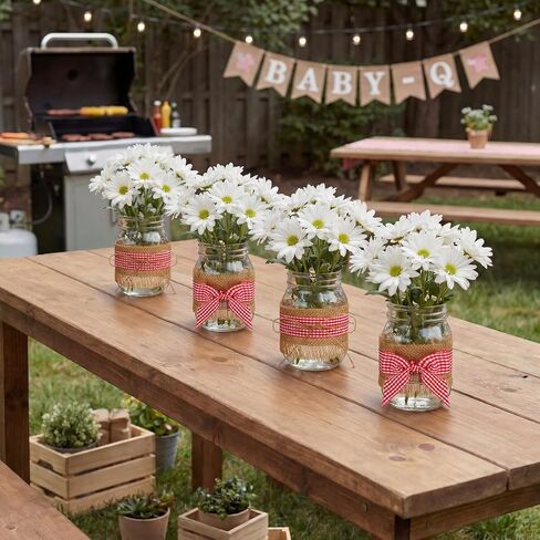 9 Sets 12 Pcs Picnic Party Centerpieces for Table Mason Jar Table Centerpieces with Red and White Gingham Ribbon Burlap for Picnic Pizza Farmhouse Wedding Birthday Party BBQ Baby Shower Decor in Kuwait