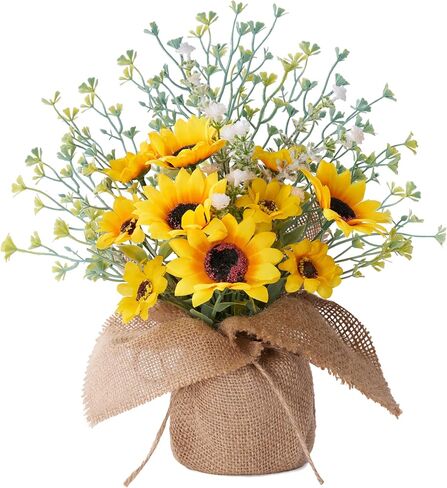 Sunflower Decor, 1 Pcs Farmhouse Rustic Sunflower Kitchen Decor, Centerpieces for Tables, Fake Artificial Sunflowers Flowers in Burlap Bag Vase, Summer Decorations Indoor Outdoor for Home in Saudi Arabia