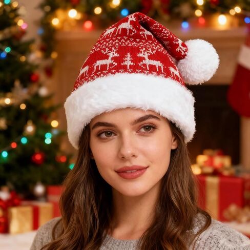 Christmas Santa Hat Beanie Cap, Unisex Patterned Knit, Soft For Party in Saudi Arabia