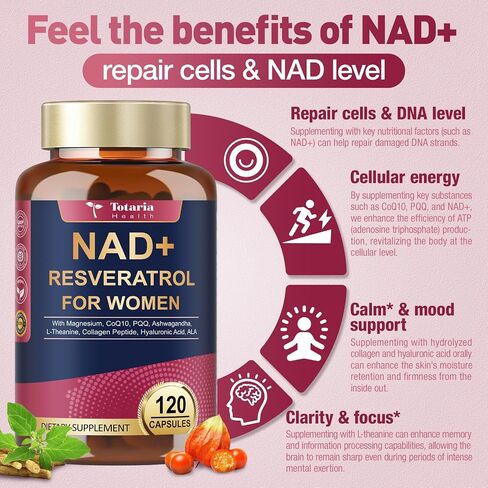 Totaria NAD+ Supplement for Women - NAD Trans-Resveratrol Supplement with Magnesium,CoQ10,PQQ, Ashwagandha,Collagen Peptide - NMN & NMNH Alternative - Cellular Renewal & Energy - 120 Capsules in Kuwait