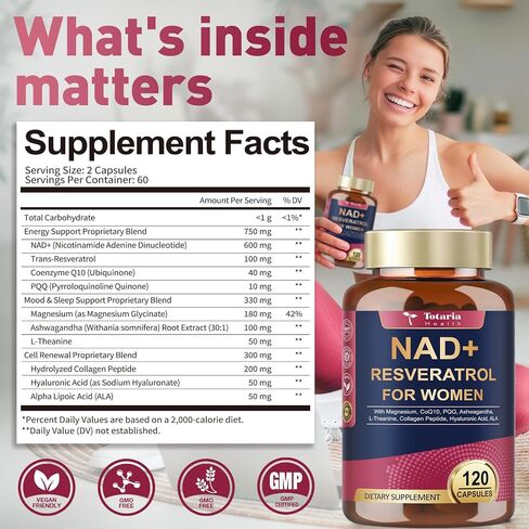 Totaria NAD+ Supplement for Women - NAD Trans-Resveratrol Supplement with Magnesium,CoQ10,PQQ, Ashwagandha,Collagen Peptide - NMN & NMNH Alternative - Cellular Renewal & Energy - 120 Capsules in Kuwait