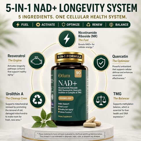 Otium NAD+ Supplement for Women & Men - 1000mg Nicotinamide Riboside with TMG, Resveratrol, Quercetin & Urolithin A | NAD Booster for Cellular Energy, Healthy Aging & Metabolism | 90 Vegan Capsules in Saudi Arabia